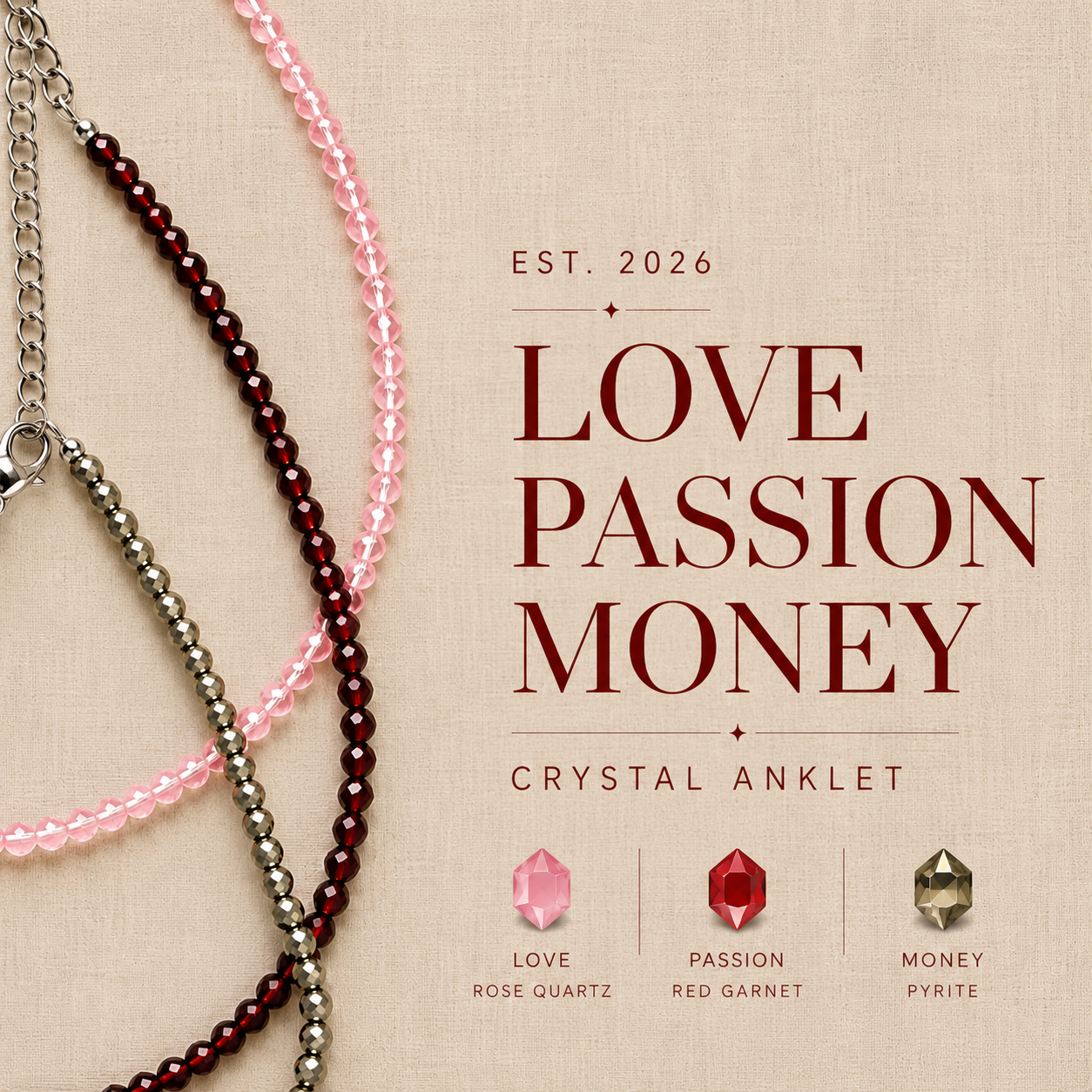 Trio Crystal Anklet – Rose Quartz, Red Garnet & Pyrite