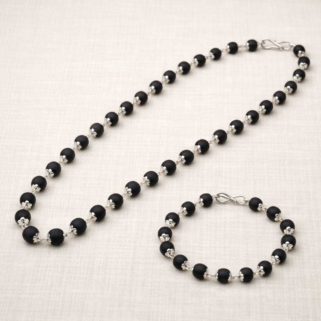 Silver Cap Karungali Mala & Bracelet Combo