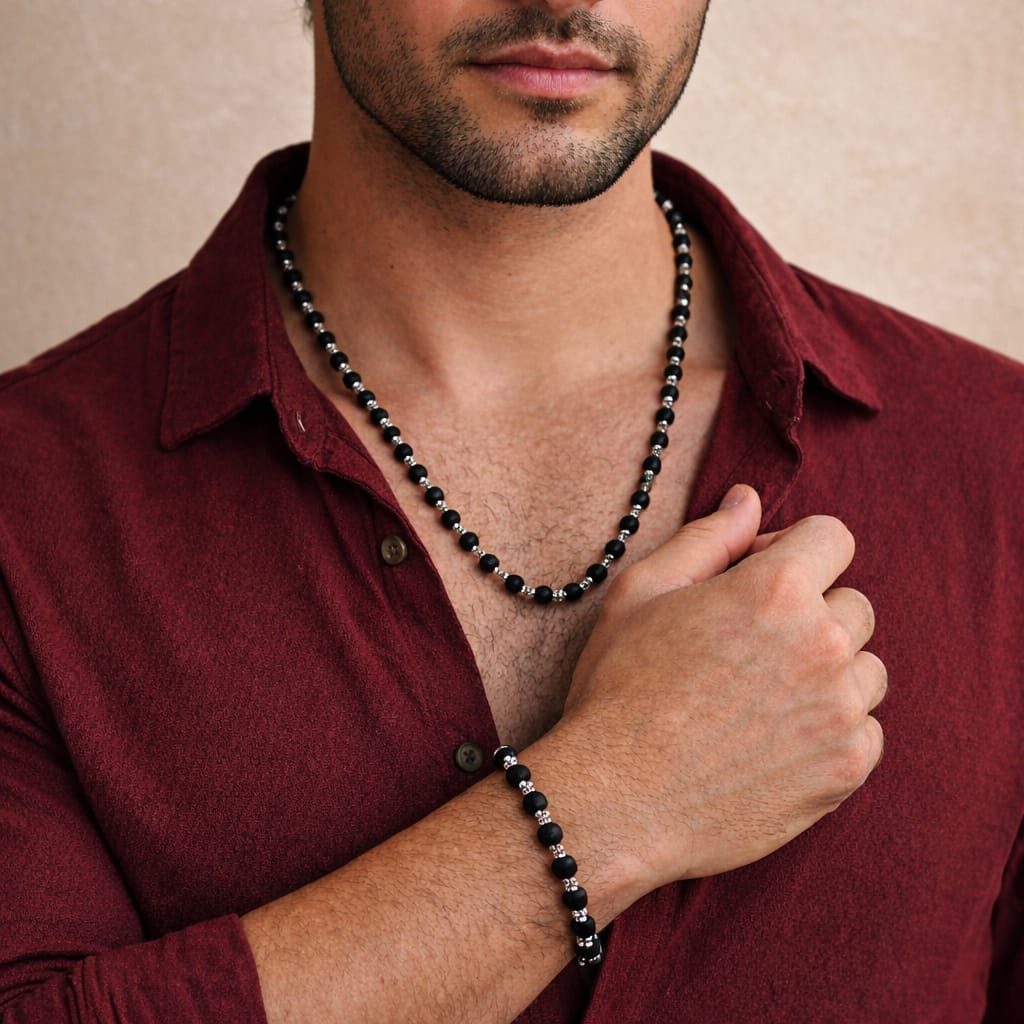 Silver Cap Karungali Mala & Bracelet Combo