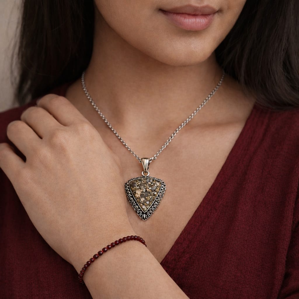 Natural Raw Pyrite Pendant & Red Garnet Anklet Combo