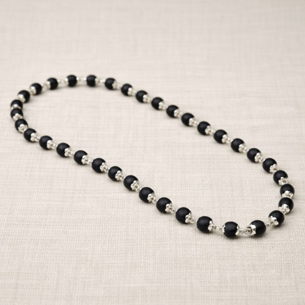 Silver Cap Karungali Malai | Authentic Black Ebony Wood Spiritual Mala