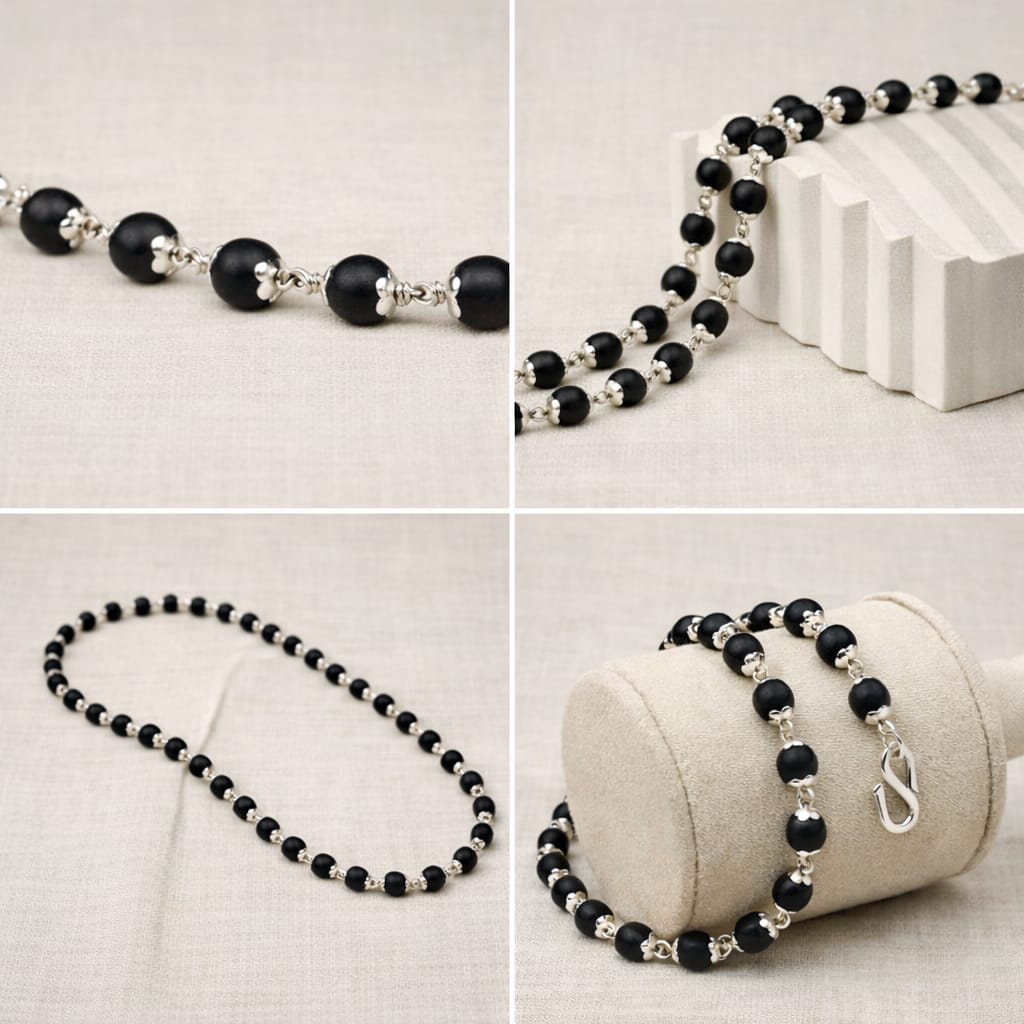 Silver Cap Karungali Malai | Authentic Black Ebony Wood Spiritual Mala