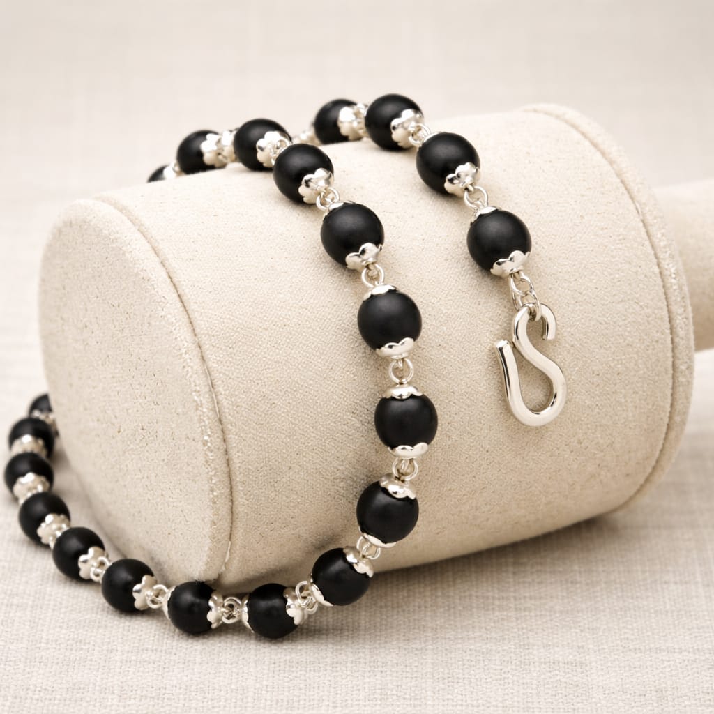 Silver Cap Karungali Malai | Authentic Black Ebony Wood Spiritual Mala