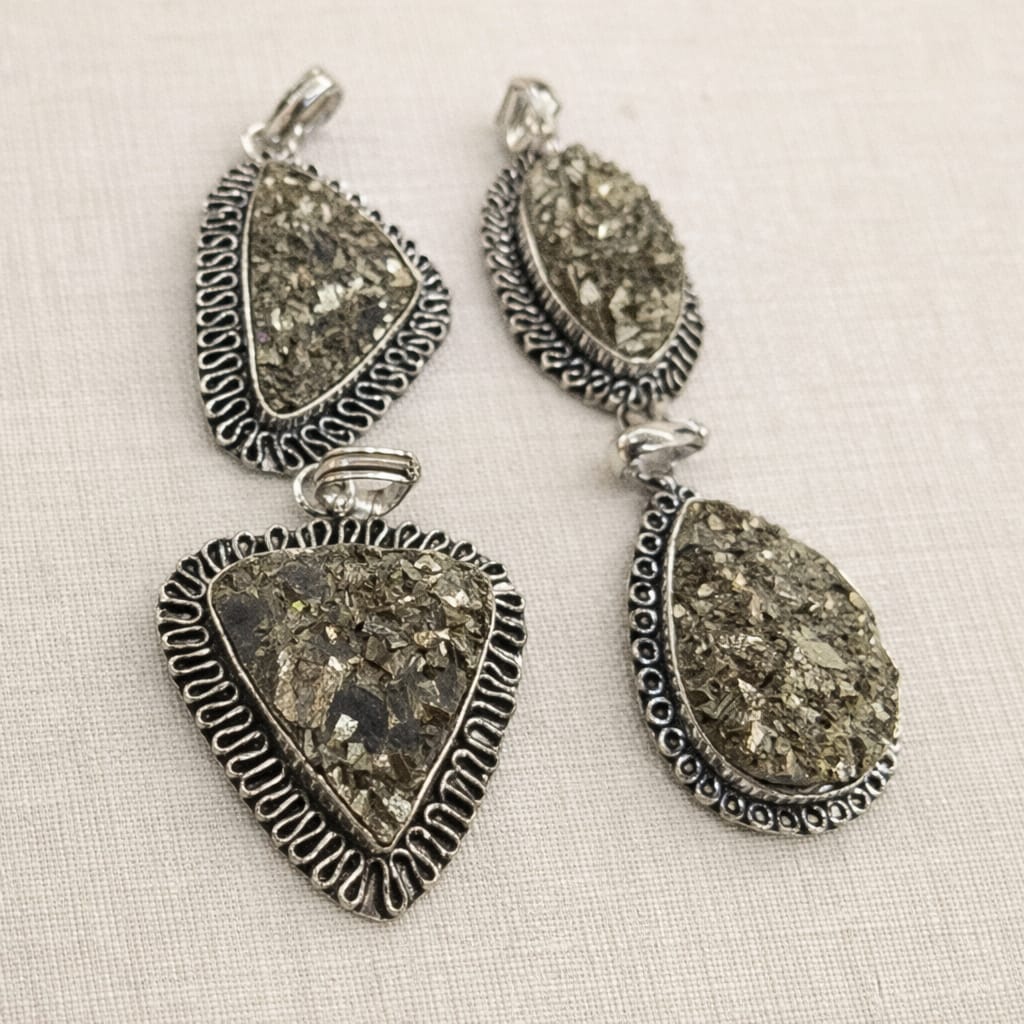 Raw Pyrite Stone Pendant – Antique Finish
